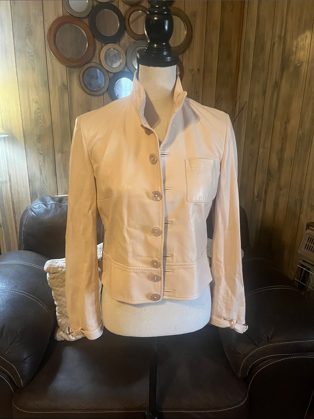 Ralph Lauren Black Label Cream Leather Mandarin Collar Moto Jacket Quiet Luxury